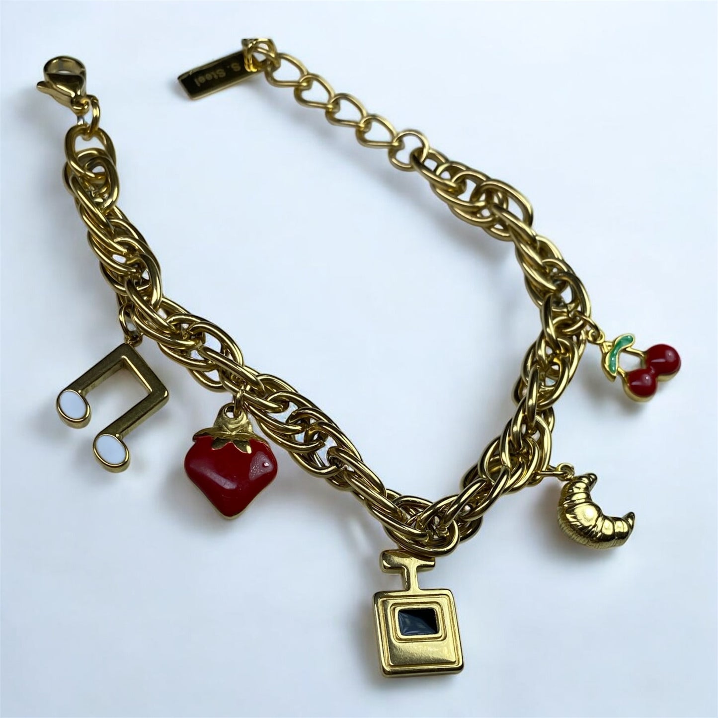 Bracciale con charm fragola, ciliegia, cornetto e altri