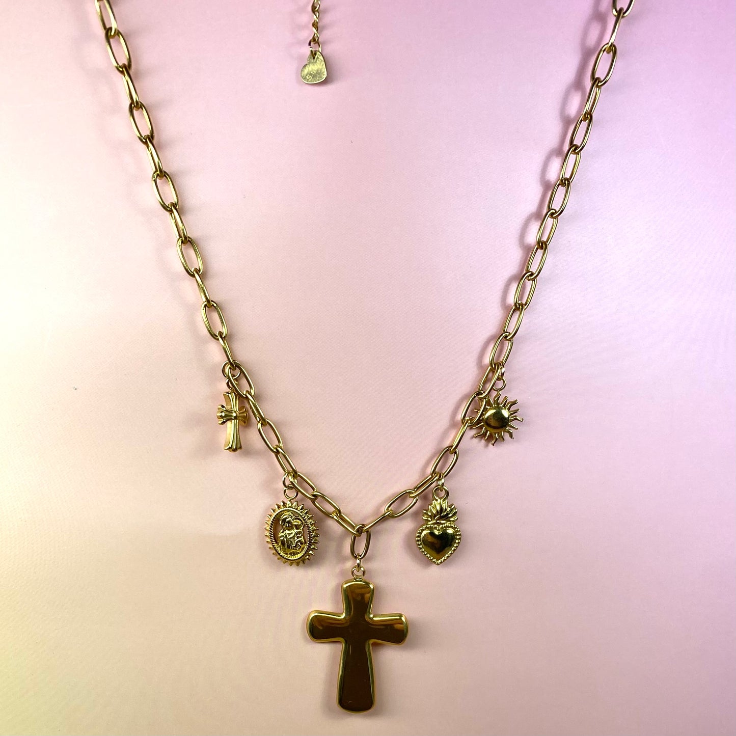 Collana con charm pendenti gold - croce - sole - cuore - acciaio jewels