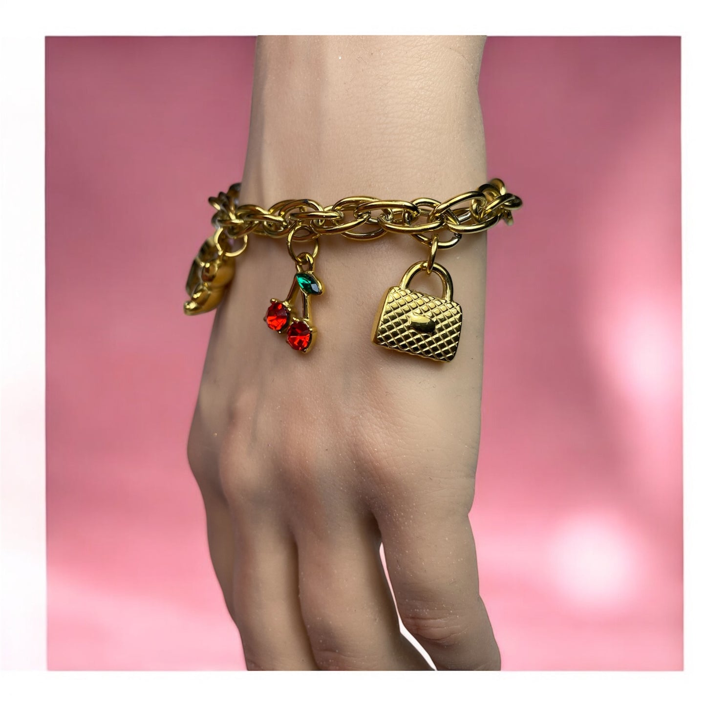 Bracciale con charm in acciaio-cilegia-orsetto