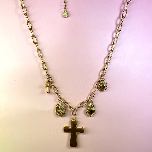 Collana con charm pendenti gold - croce - sole - cuore - acciaio jewels