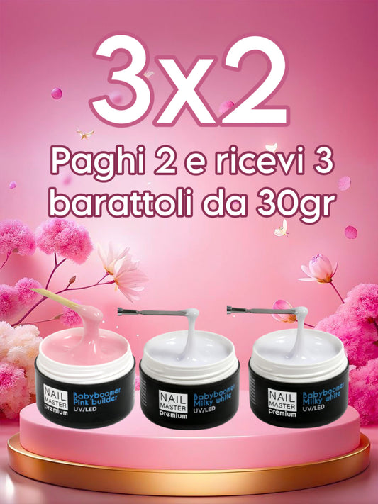 3x2  Gel - 1x babyboomer builder pink 30gr - 2x babyboomer Milky White 30gr - master premium gel 30gr
