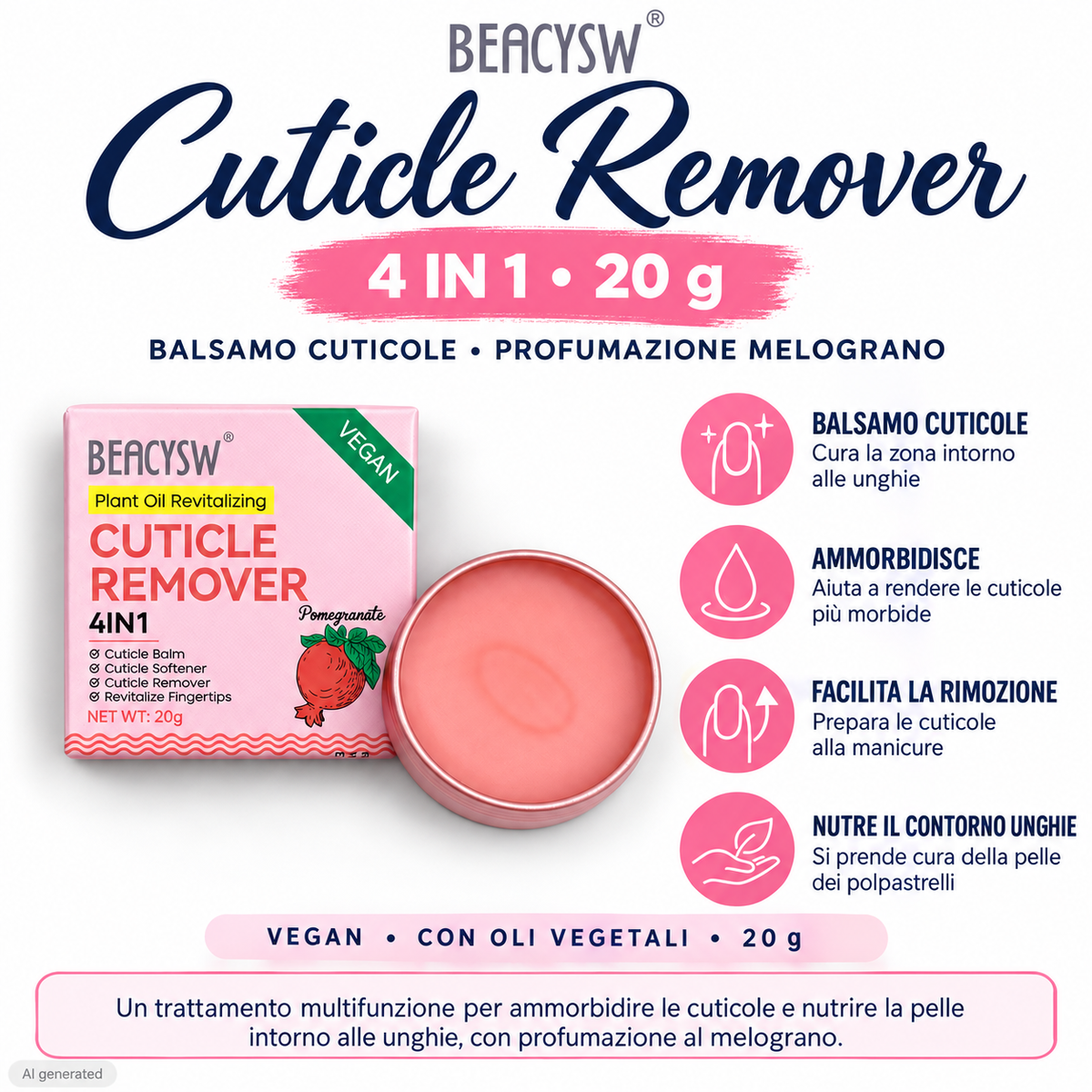 Balsamo Cuticole 4 in 1 Vegan 20 g | Cuticle Remover | Cera levigatura cuticole
