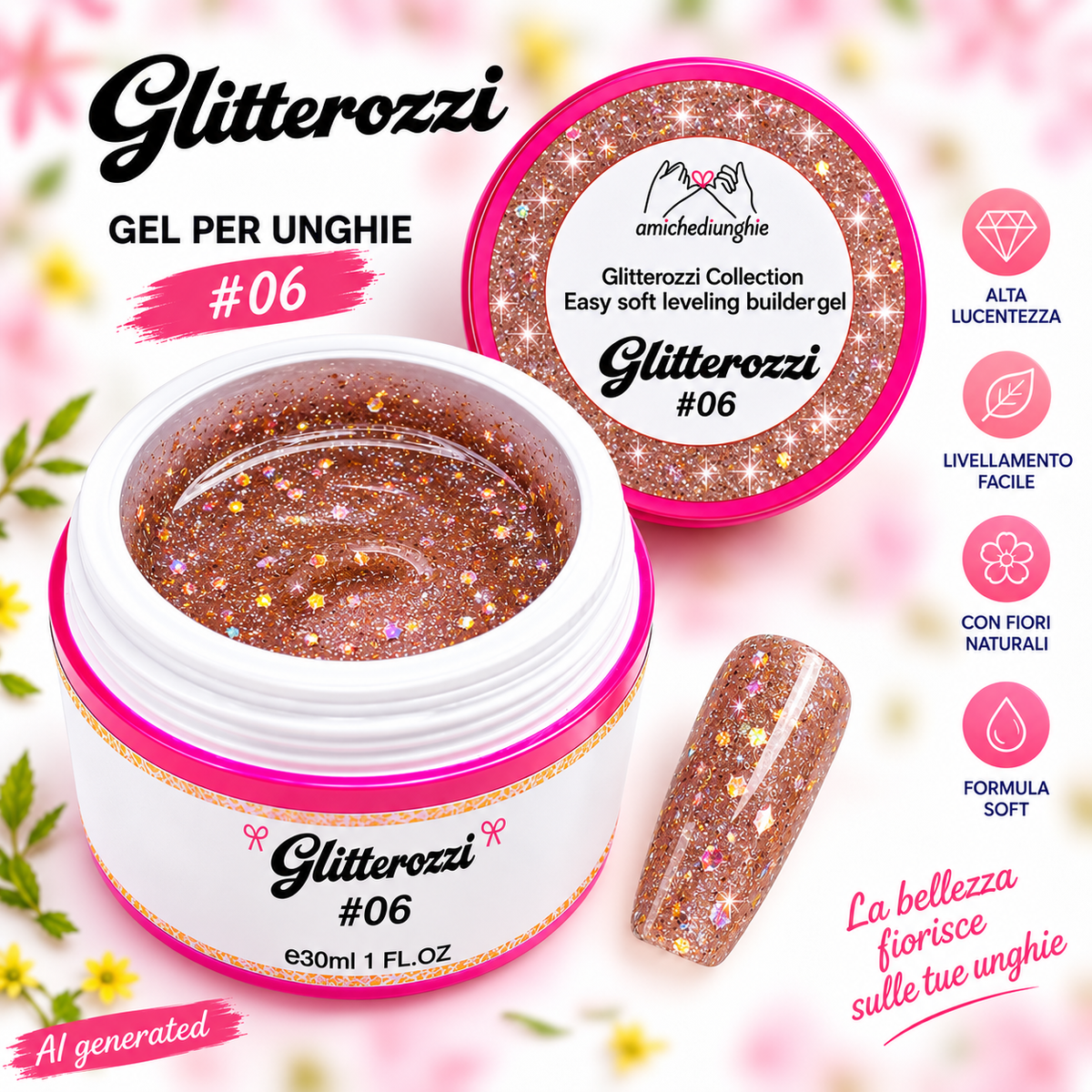 Glitterozzi #06 Builder Gel Fantasy | Gel costruttore autolivellante glitter di diverse dimensioni 30ml