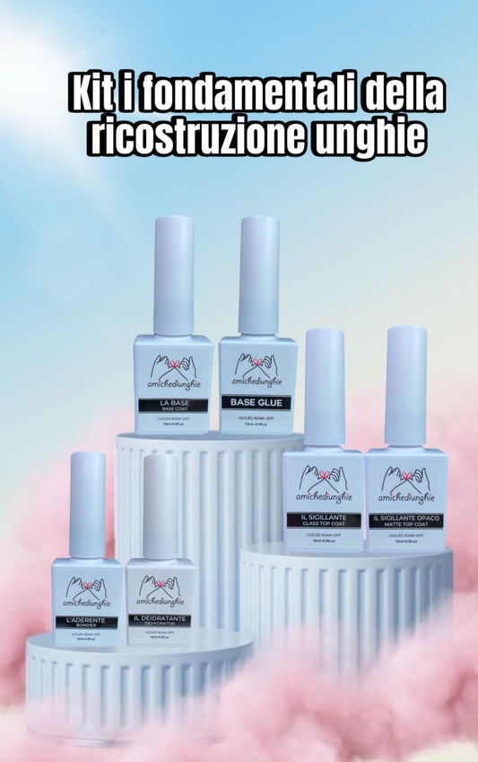 Kit i fondamentali della ricostruzione unghie - 6 prodotti da 15ml - base gel - sigillante top coat - preparatori