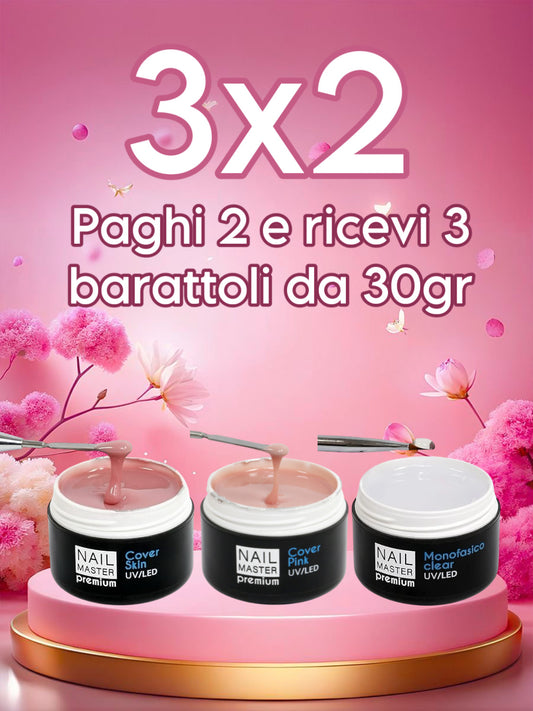 3x2  Gel - 1x Cover Skik gel 30gr - 1x Cover Pink Gel 30gr - 1x monofasico clear 30gr master premium gel 30gr