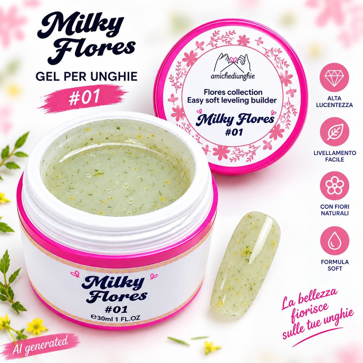 Milky Flores #01 Builder Gel Fantasy | Gel costruttore lattiginoso con fiori secchi 30ml