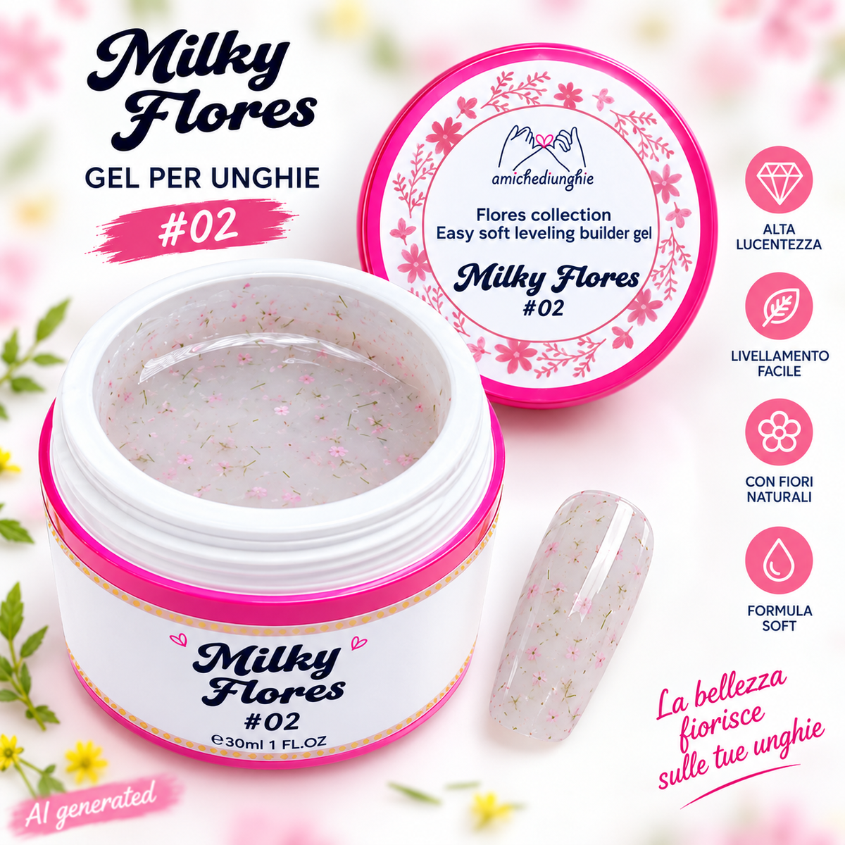 Milky Flores #02 Builder Gel Fantasy | Gel costruttore lattiginoso con fiori secchi 30ml
