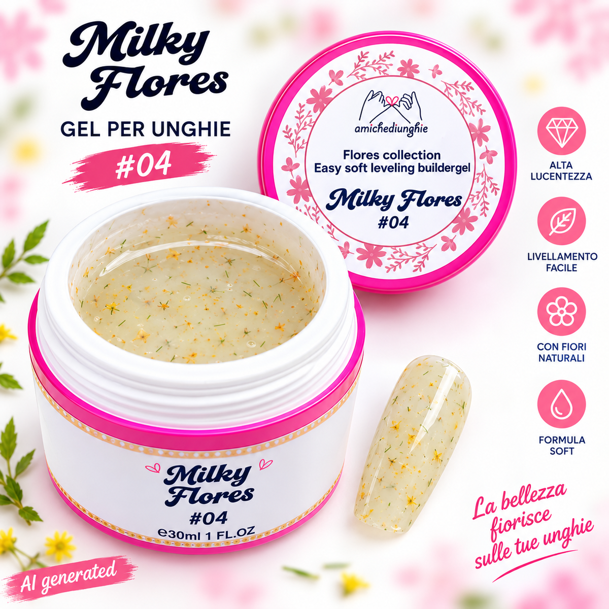 Milky Flores #04 Builder Gel Fantasy | Gel costruttore lattiginoso con fiori secchi 30ml