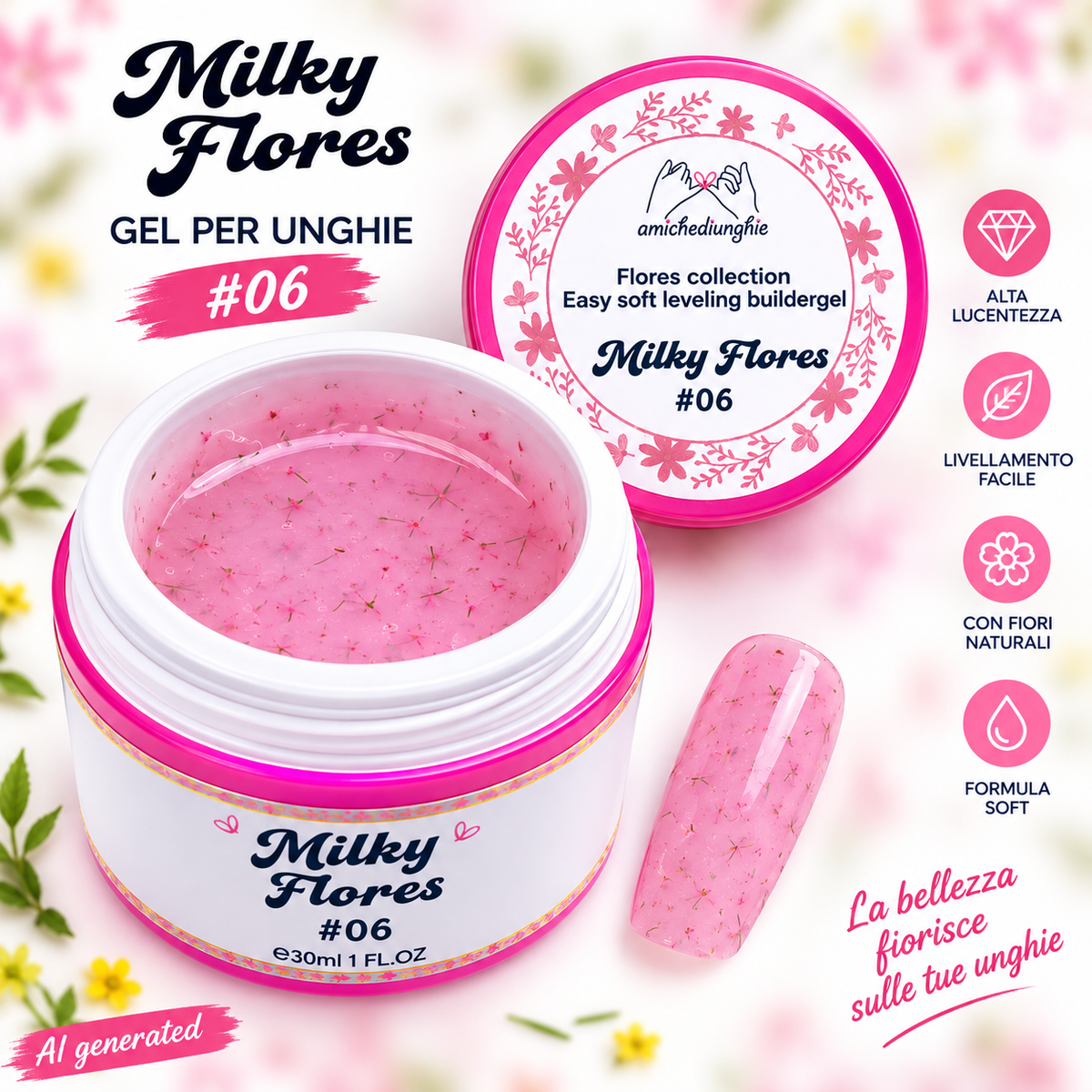 Milky Flores #06 Builder Gel Fantasy | Gel costruttore lattiginoso con fiori secchi 30ml