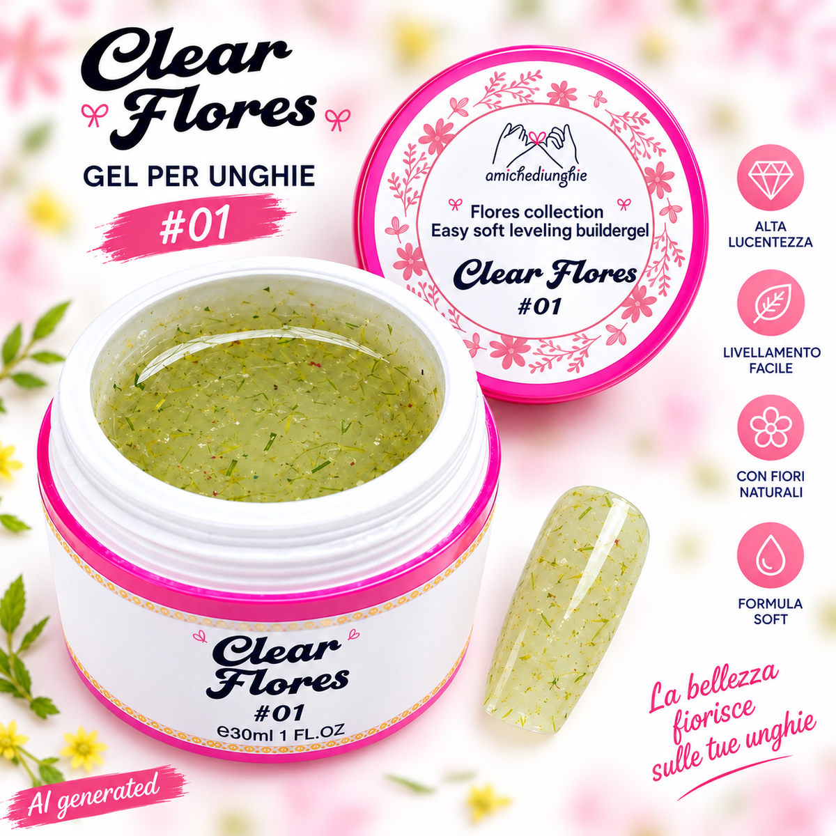 Clear Flores #01 Builder Gel Fantasy | Gel costruttore trasparente con fiori secchi 30ml