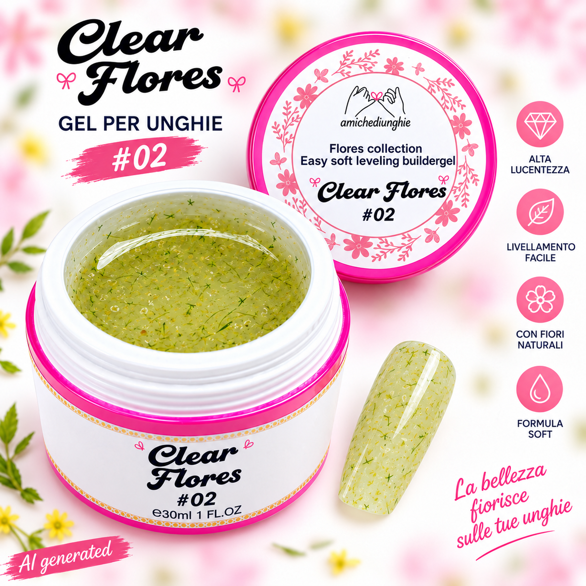 Clear Flores #02 Builder Gel Fantasy | Gel costruttore trasparente con fiori secchi 30ml