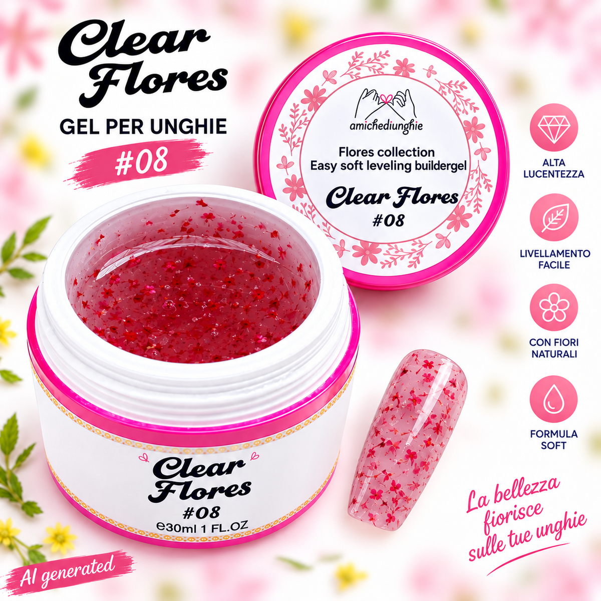 Clear Flores #08 Builder Gel Fantasy | Gel costruttore trasparente con fiori secchi 30ml