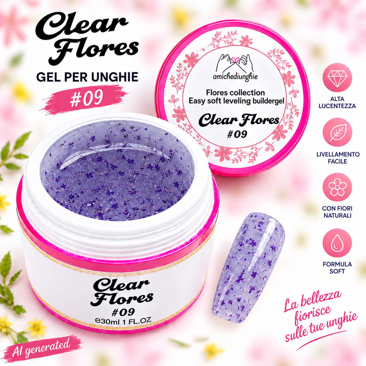 Clear Flores #09 Builder Gel Fantasy | Gel costruttore trasparente con fiori secchi 30ml