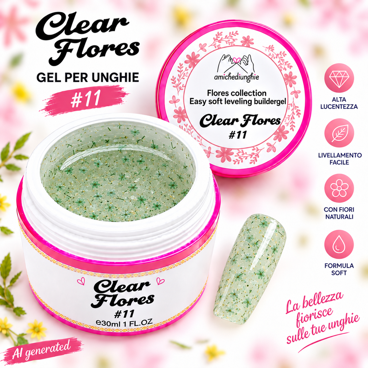 Clear Flores #11 Builder Gel Fantasy | Gel costruttore trasparente con fiori secchi 30ml