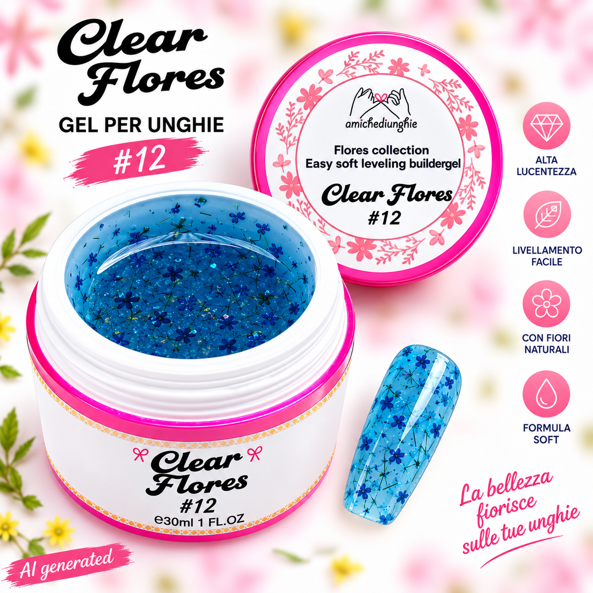 Clear Flores #12 Builder Gel Fantasy | Gel costruttore trasparente con fiori secchi 30ml