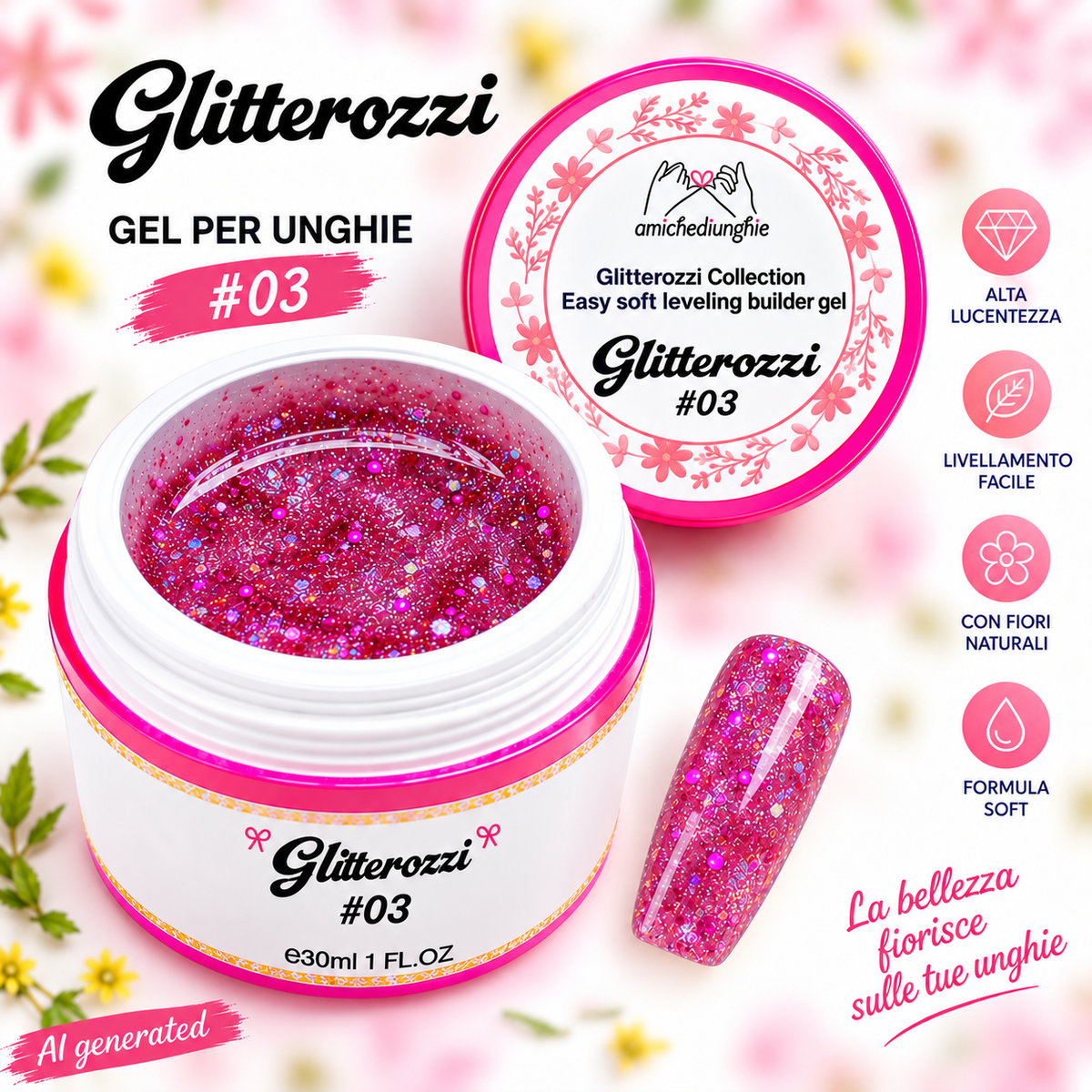 Glitterozzi #03 Builder Gel Fantasy | Gel costruttore autolivellante glitter di diverse dimensioni 30ml