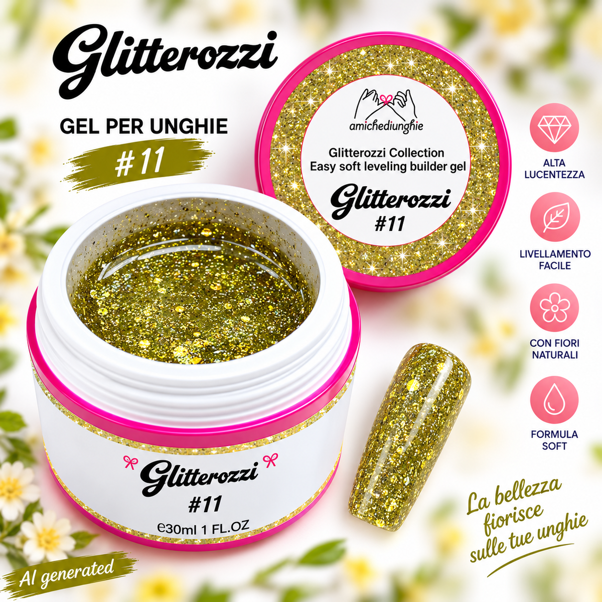Glitterozzi #11 Builder Gel Fantasy | Gel costruttore autolivellante glitter di diverse dimensioni 30ml