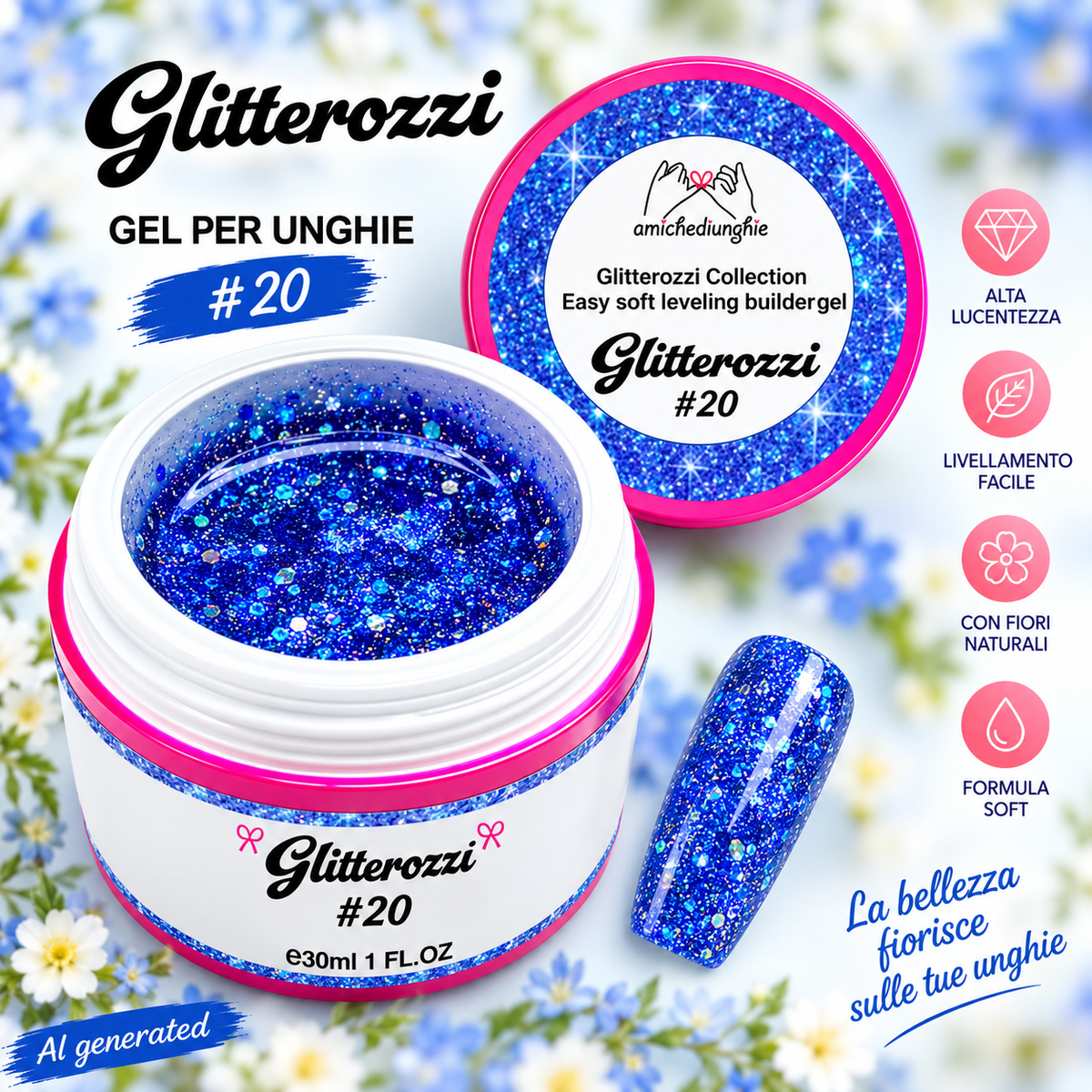 Glitterozzi #20 Builder Gel Fantasy | Gel costruttore autolivellante glitter di diverse dimensioni 30ml
