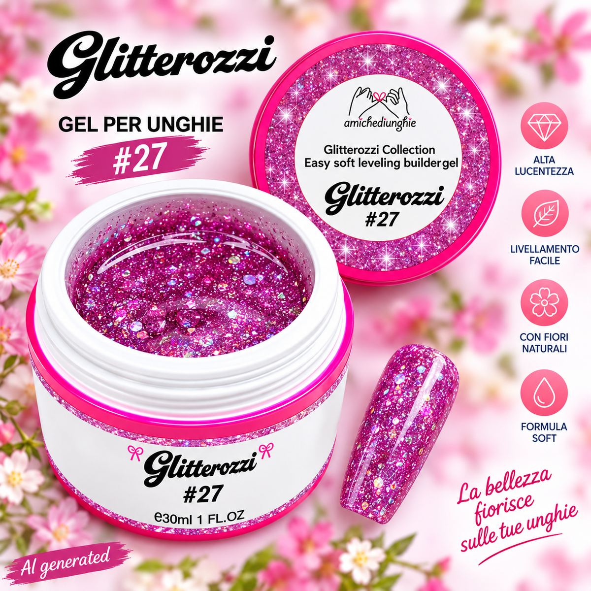 Glitterozzi #27 Builder Gel Fantasy | Gel costruttore autolivellante glitter di diverse dimensioni 30ml