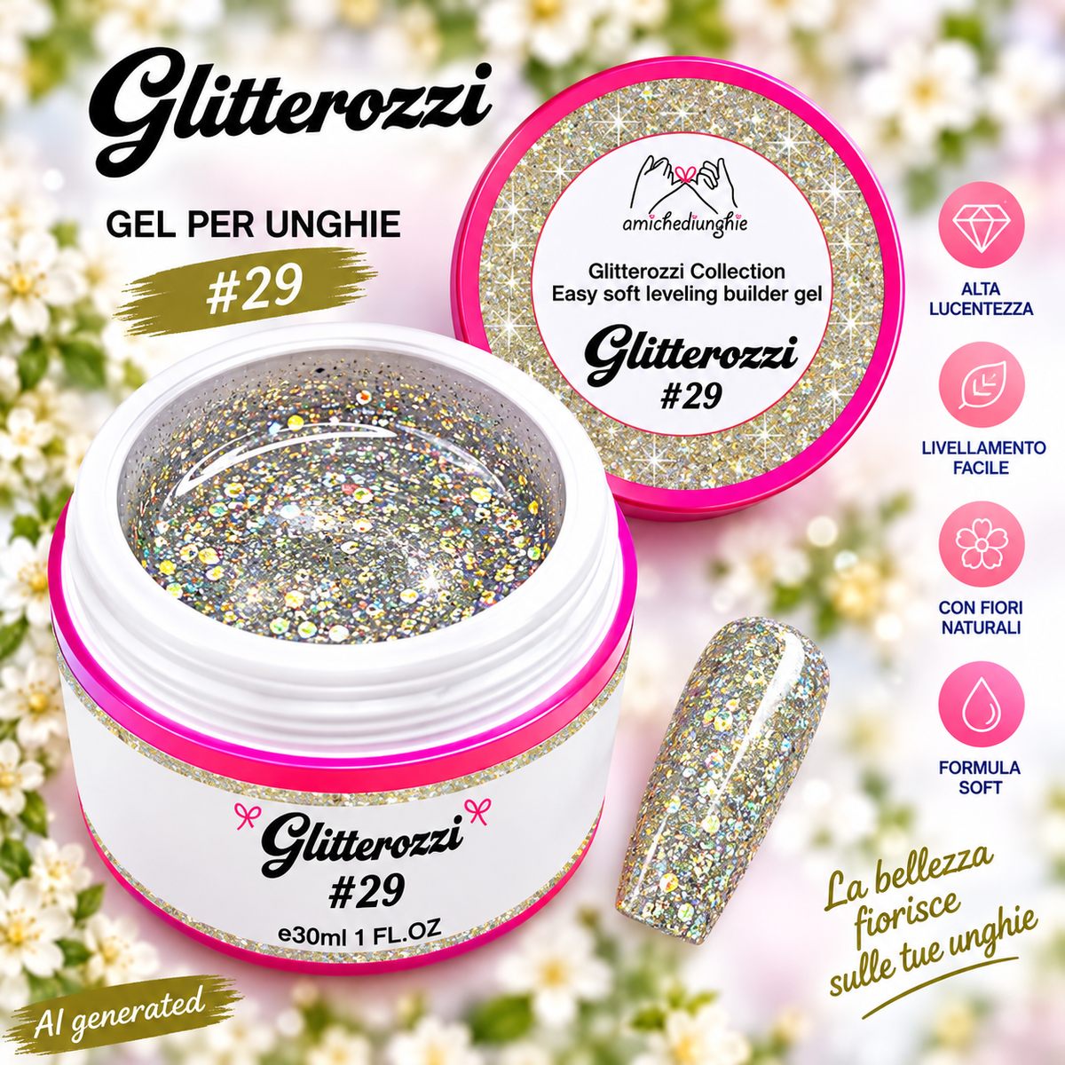 Glitterozzi #29 Builder Gel Fantasy | Gel costruttore autolivellante glitter di diverse dimensioni 30ml