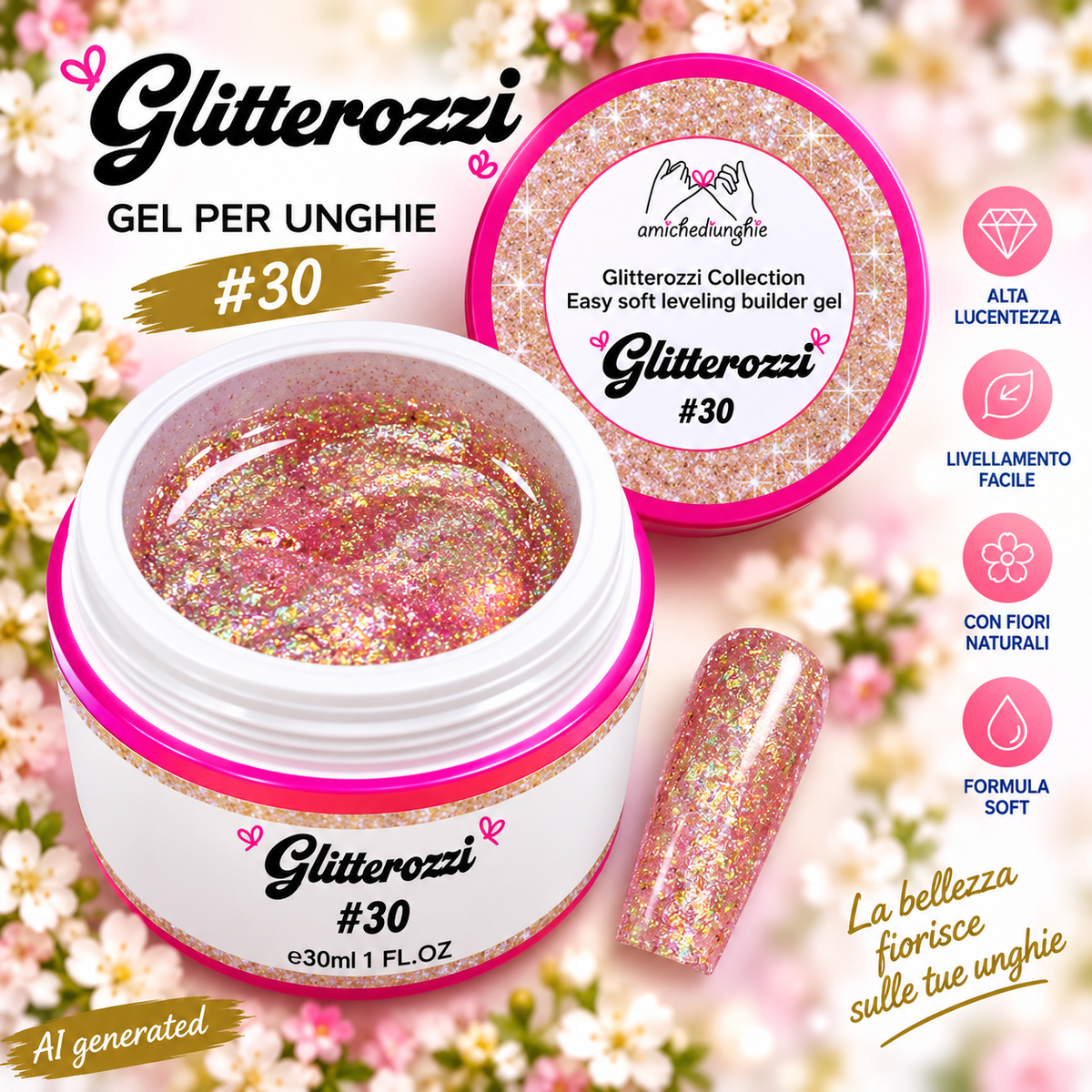 Glitterozzi #30 Builder Gel Fantasy | Gel costruttore autolivellante glitter di diverse dimensioni 30ml