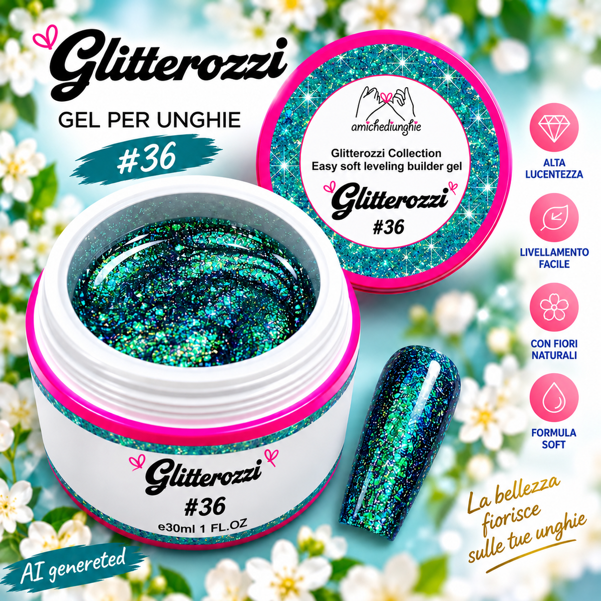 Glitterozzi #36 Builder Gel Fantasy | Gel costruttore autolivellante glitter di diverse dimensioni 30ml