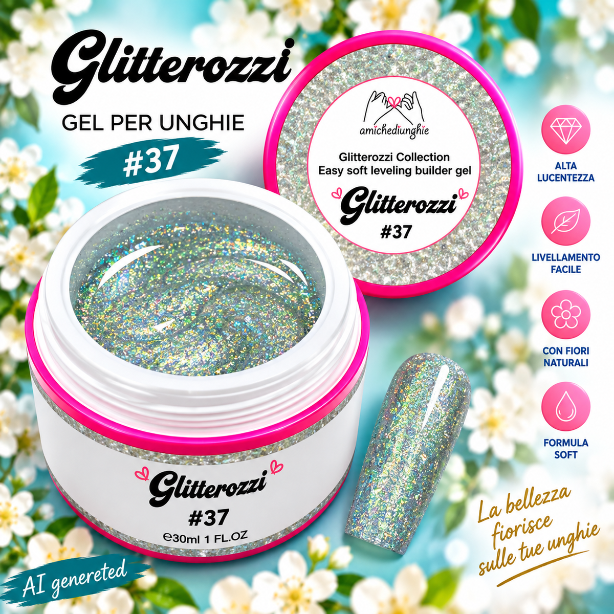 Glitterozzi #37 Builder Gel Fantasy | Gel costruttore autolivellante glitter di diverse dimensioni 30ml
