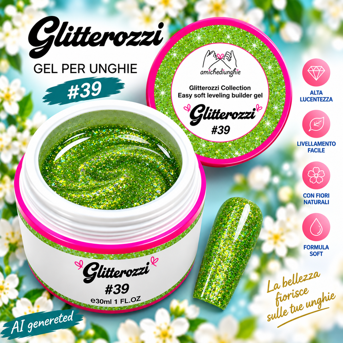Glitterozzi #39 Builder Gel Fantasy | Gel costruttore autolivellante glitter di diverse dimensioni 30ml