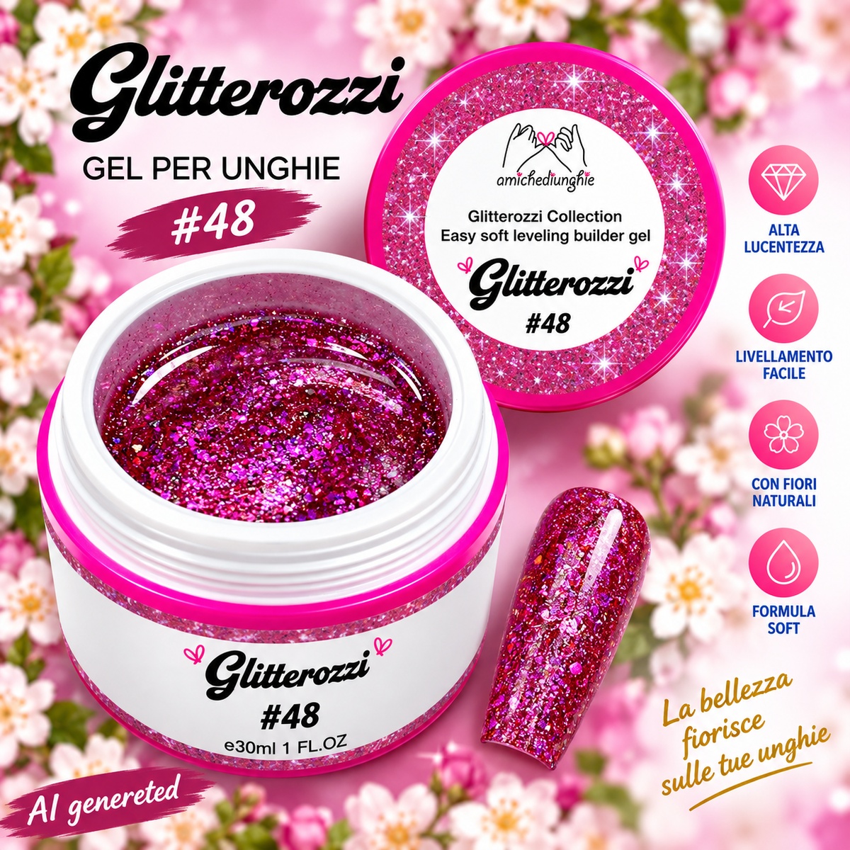 Glitterozzi #48 Builder Gel Fantasy | Gel costruttore autolivellante glitter di diverse dimensioni 30ml