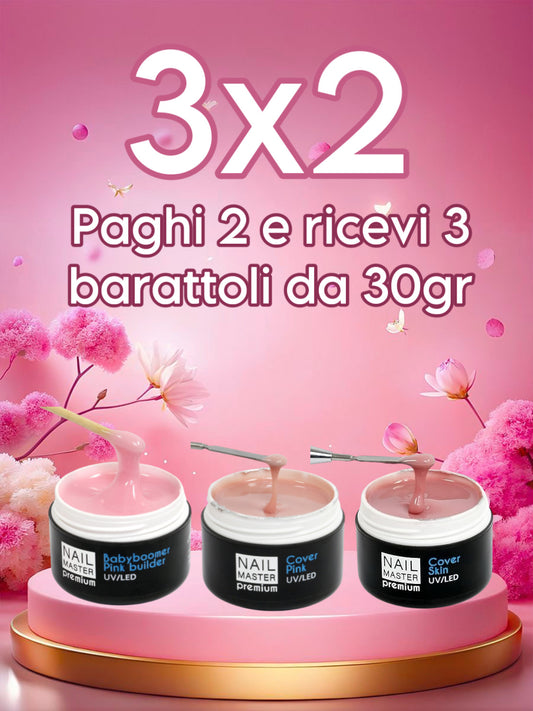 3x2 Gel 30gr - 1x builder pink babyboomer 30gr - 1x Cover Pink 30gr - 1x Cover Skin 30gr